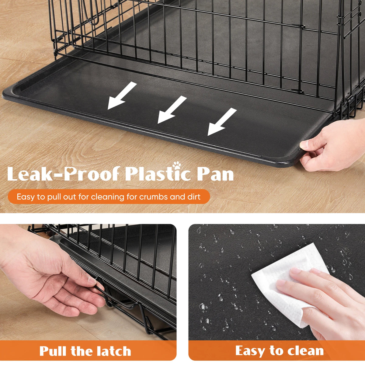 JHK Double Door Folding Metal Wire Dog Crate Leakproof Tray