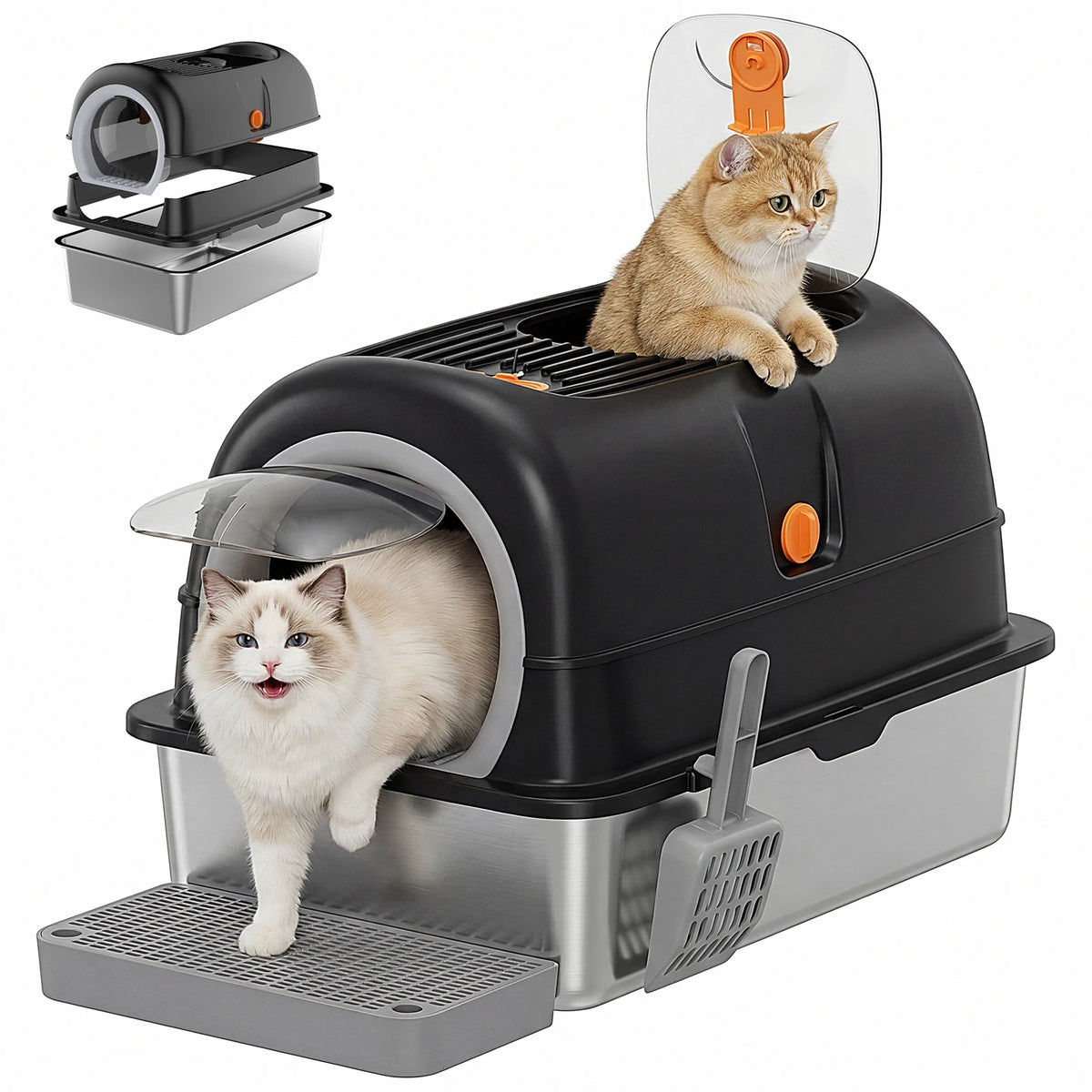Stainless Steel Fully Enclosed Cat Litter Box With Scoop Included