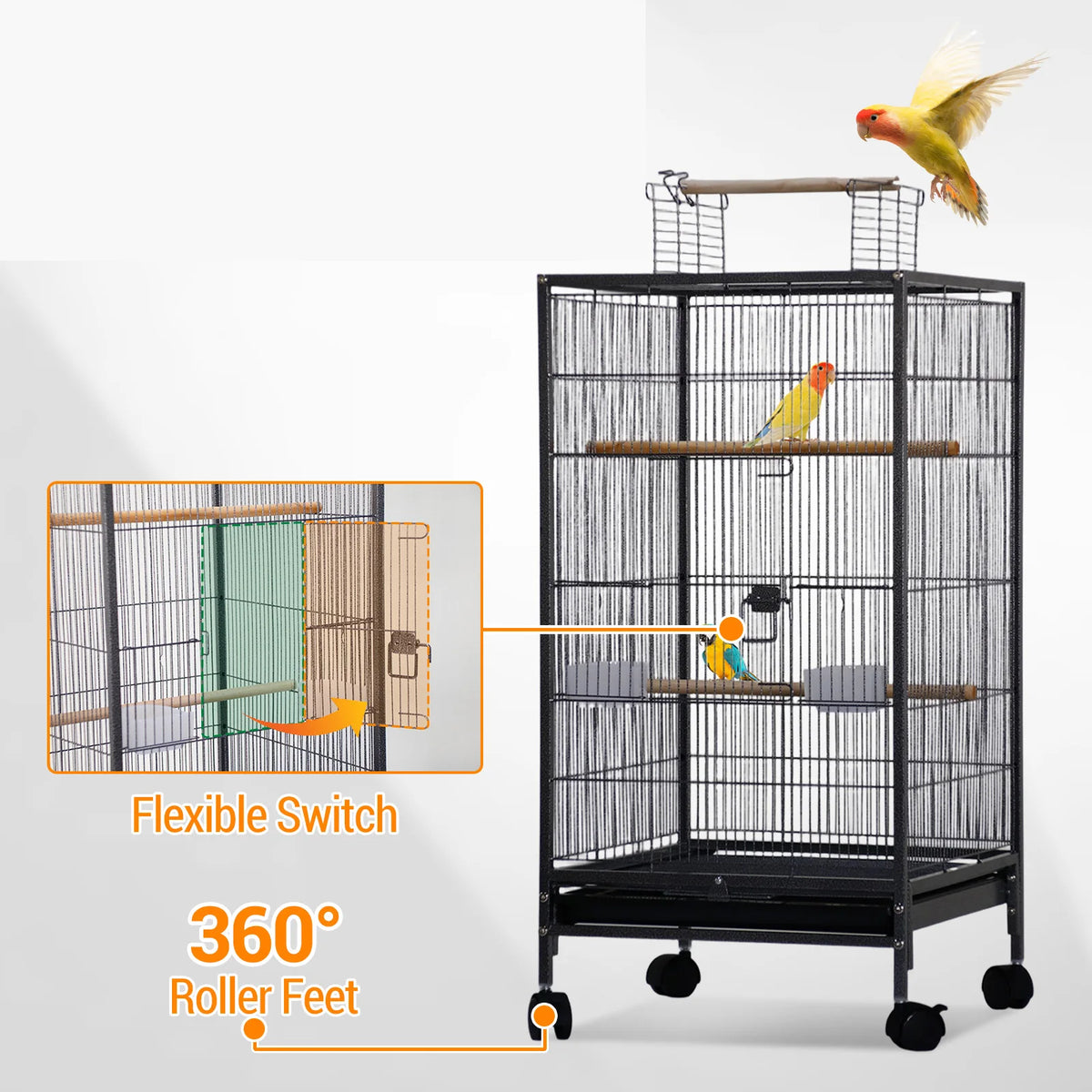 HiMISS Open Top Metal Bird Cage With Perches And Tray