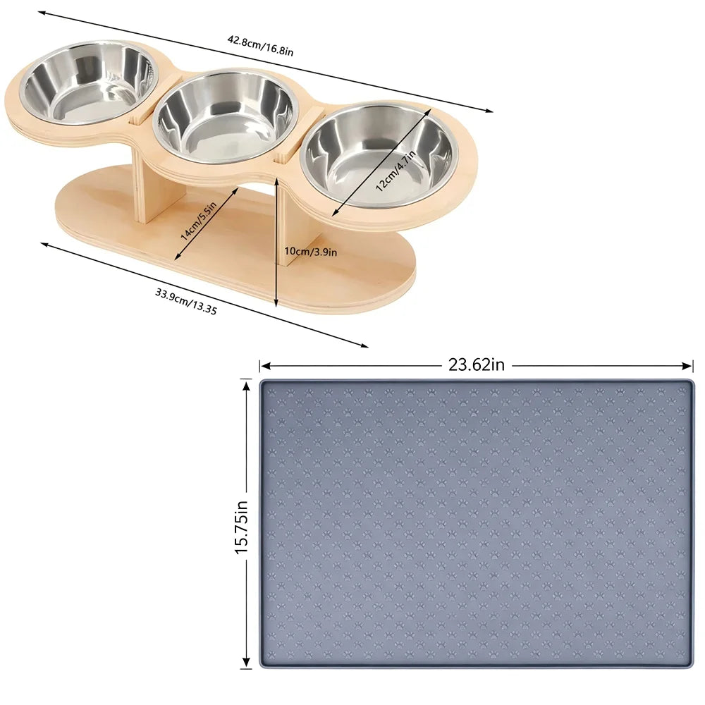 Raised Triple Bowl Cat Feeder With Stainless Steel Bowls