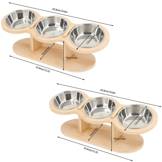 Raised Triple Bowl Cat Feeder With Stainless Steel Bowls
