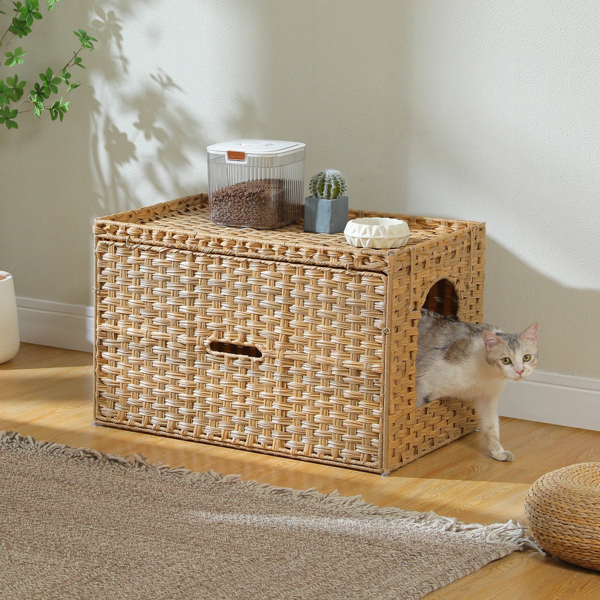 Pequlti Rattan Cat Litter Box Enclosure With Flip Up Cover