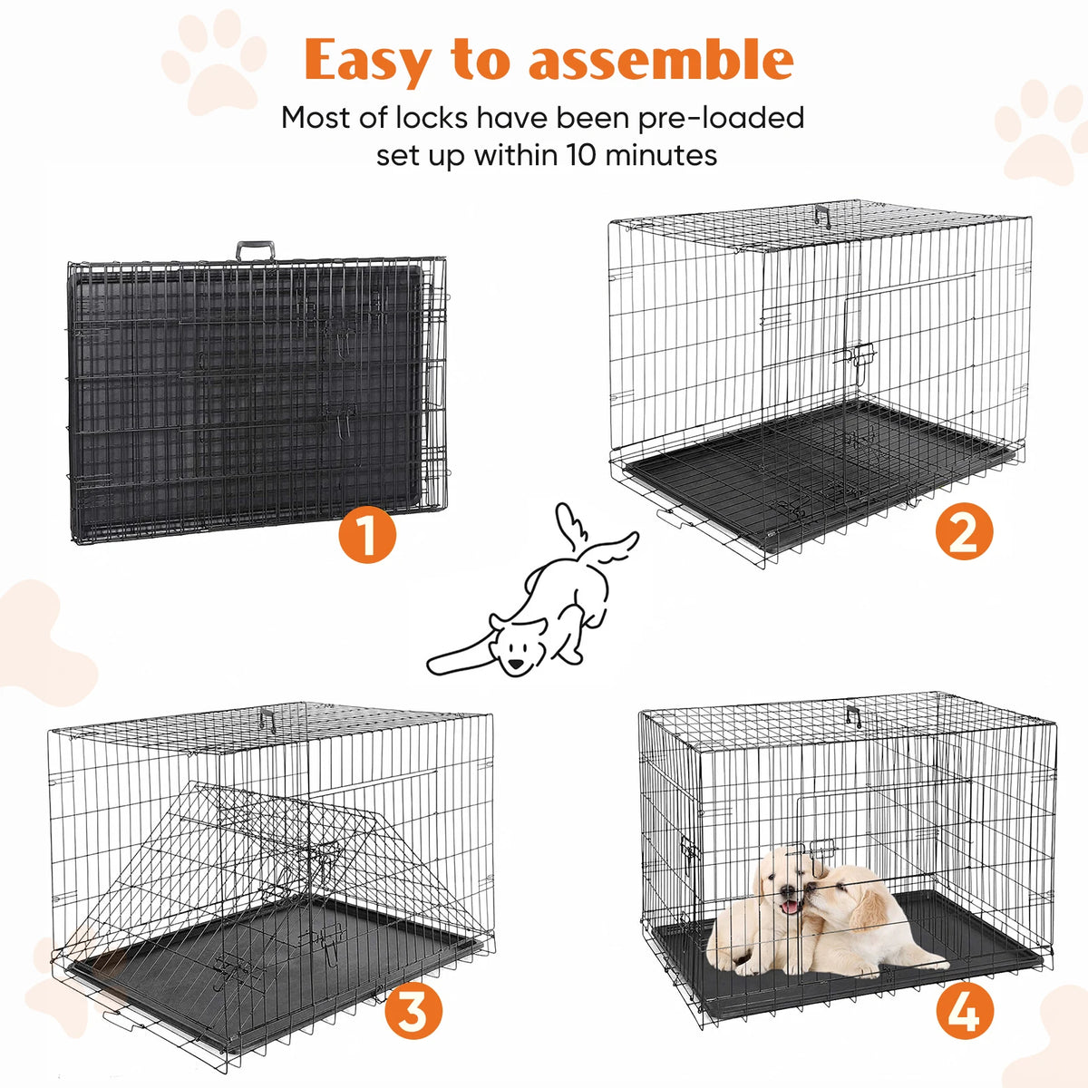 JHK Double Door Folding Metal Wire Dog Crate Leakproof Tray