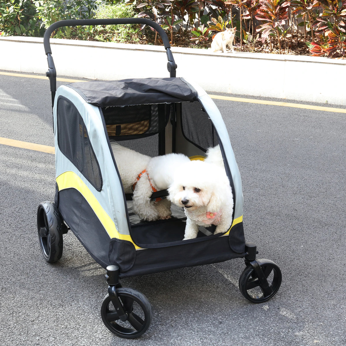 Foldable Double Dog Stroller With Zipper Divider And Wheels