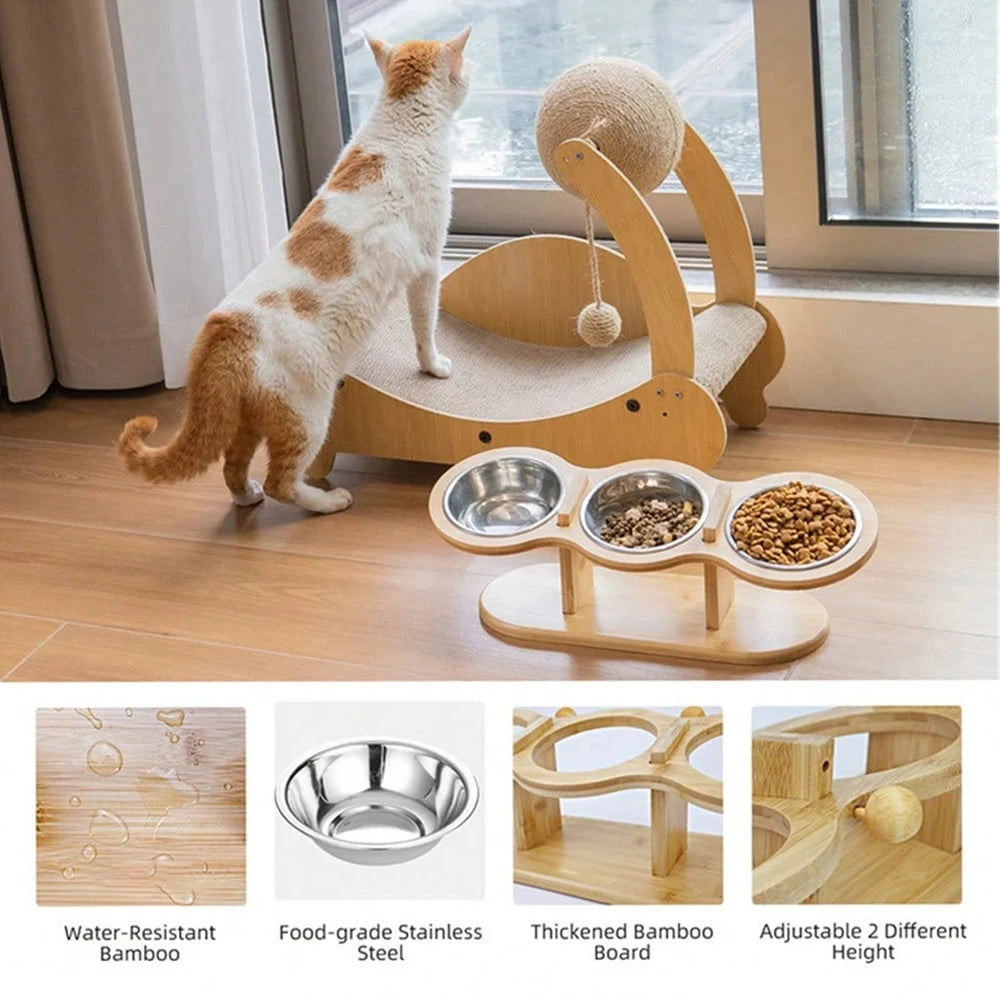 Raised Triple Bowl Cat Feeder With Stainless Steel Bowls