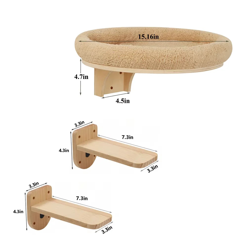 CWV Wall Mounted Wooden Cat Climbing Ladder With Hammock Perch