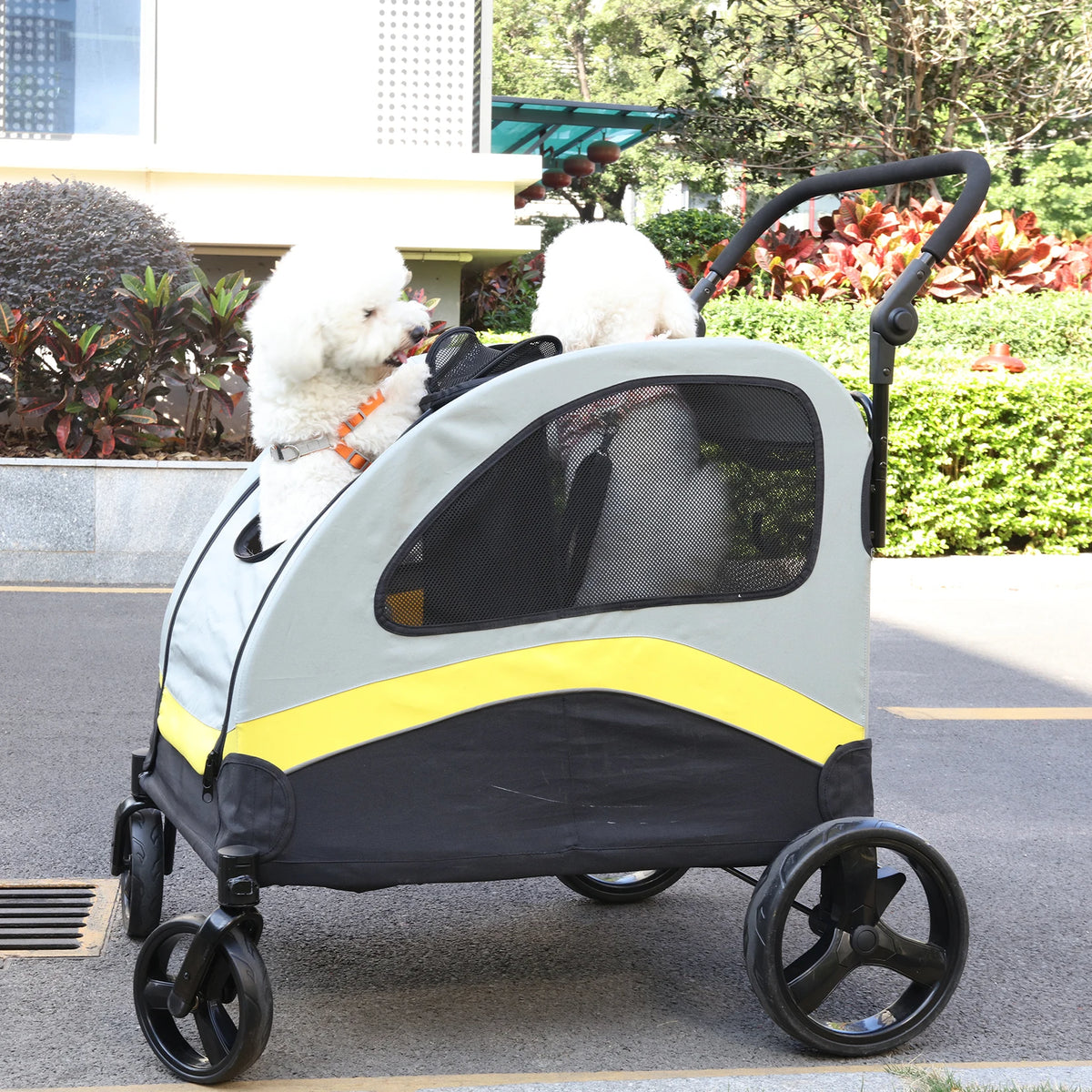 Foldable Double Dog Stroller With Zipper Divider And Wheels