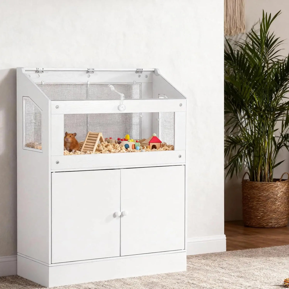 HiMiss Acrylic Small Animal Cage With Wooden Storage Cabinet
