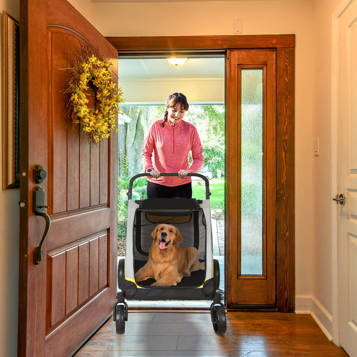 Foldable Double Dog Stroller With Zipper Divider And Wheels