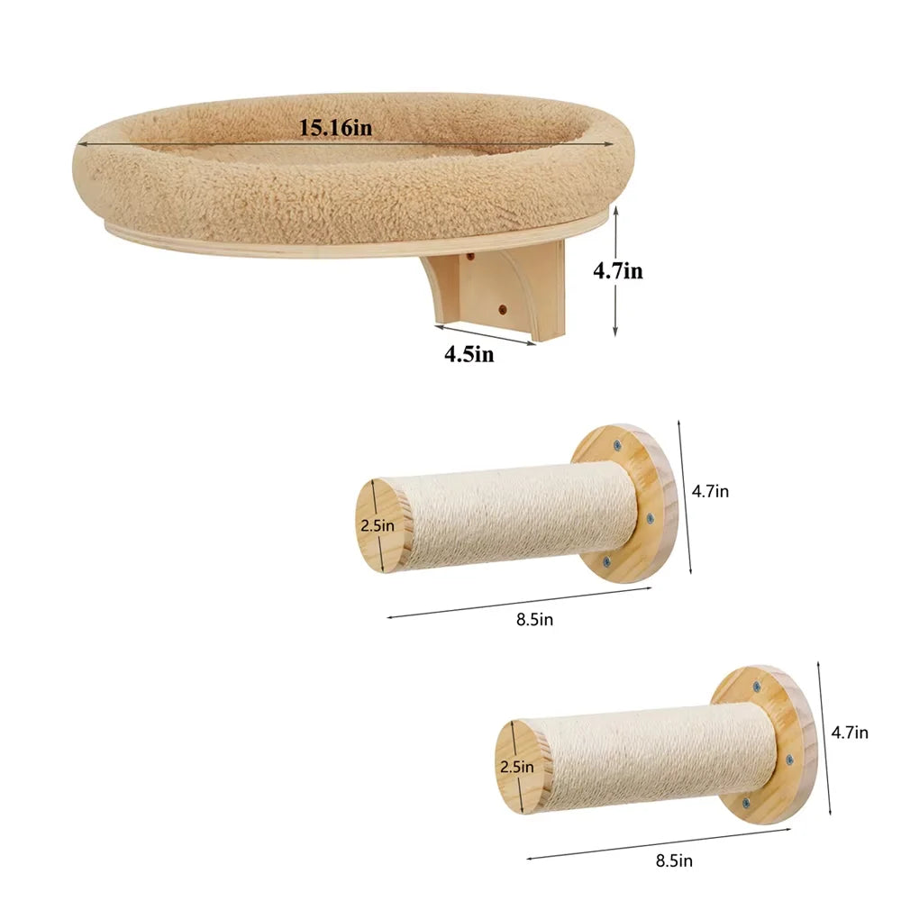 CWV Wall Mounted Wooden Cat Climbing Ladder With Hammock Perch
