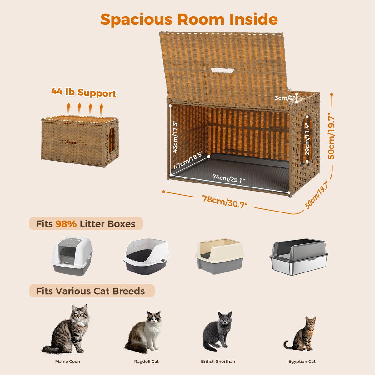 Pequlti Rattan Cat Litter Box Enclosure With Flip Up Cover