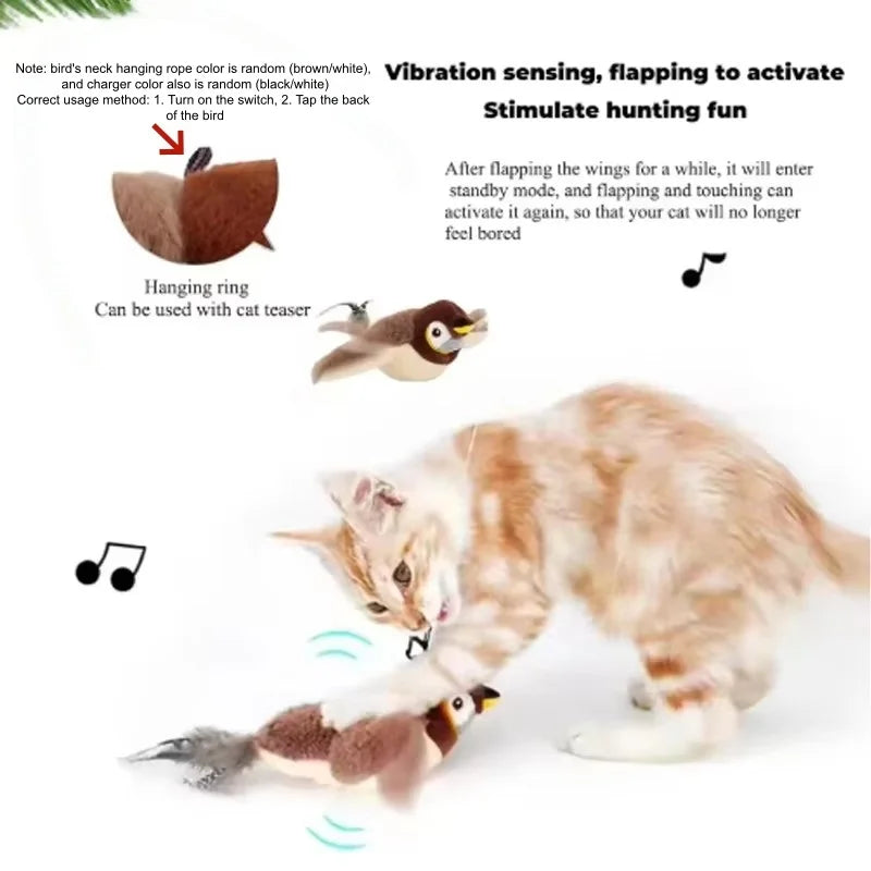 Rechargeable Simulated Bird Cat Toy Interactive Chirping Flapping Plush Pet