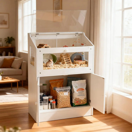 HiMiss Acrylic Small Animal Cage With Wooden Storage Cabinet