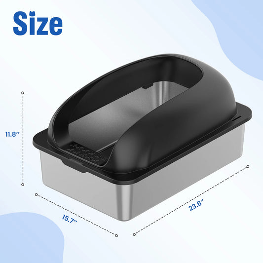 Semi-Closed Stainless Steel Cat Litter Box With Lid Scoop Included