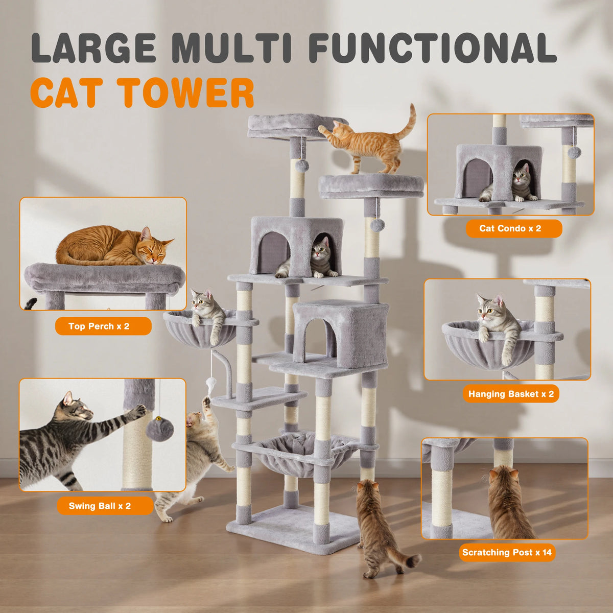 JHK Multilevel Cat Tree With Natural Sisal Scratching Posts
