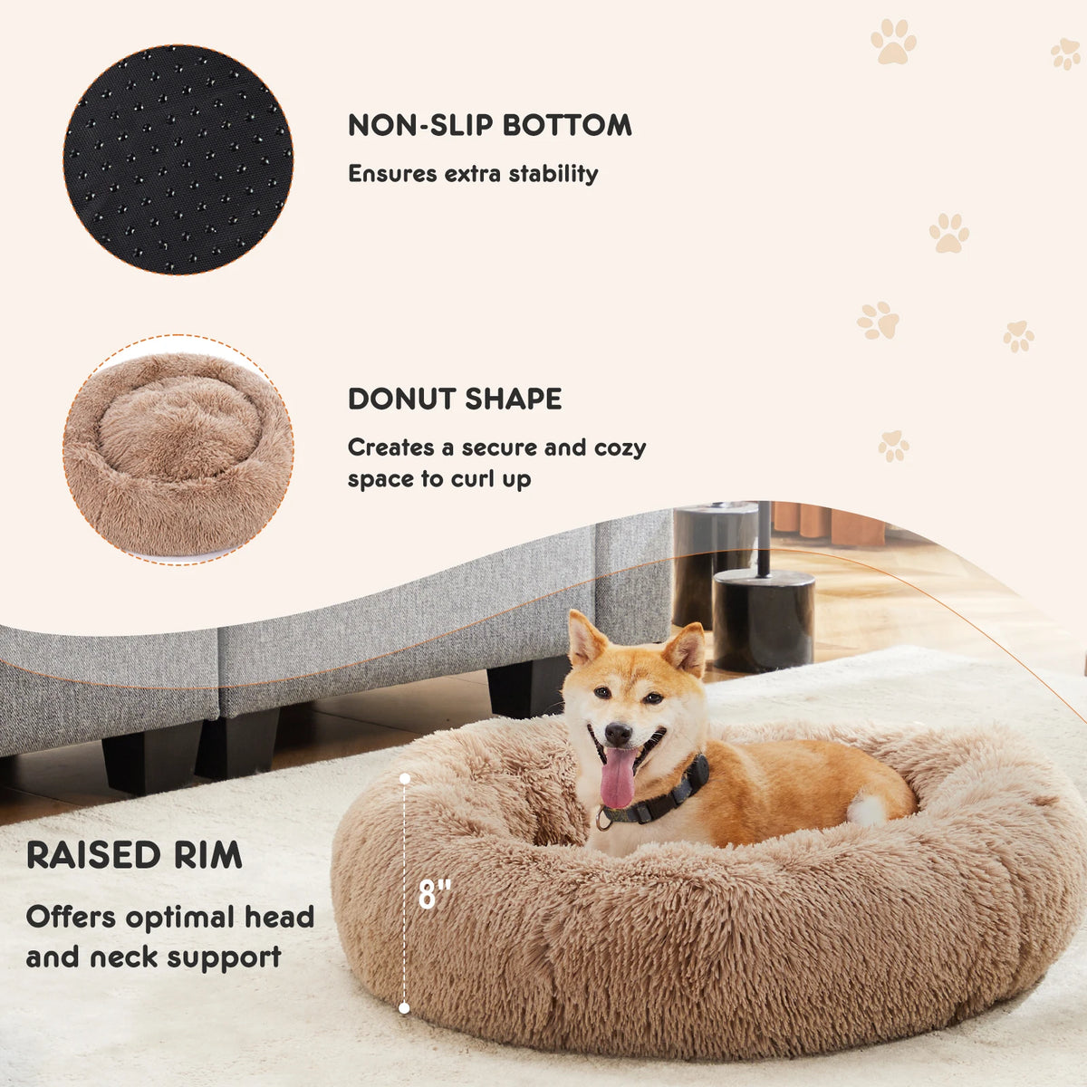 JHK Plush Round Calming Dog Bed Non Slip Pet Cushion