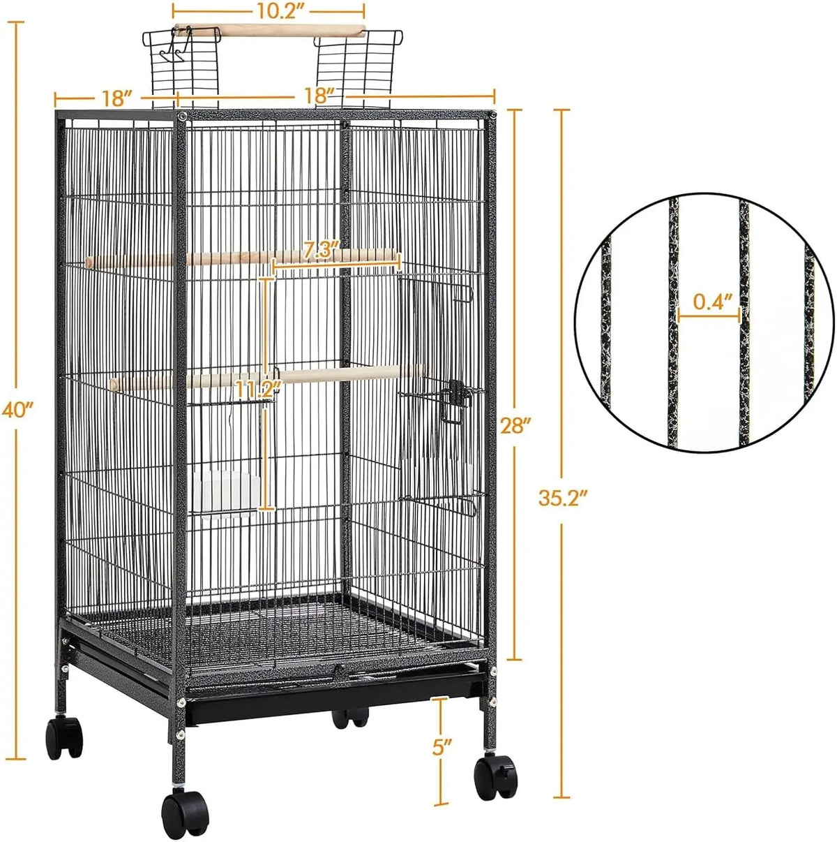 HiMiss Open Top Bird Cage With Rolling Stand Base Tray