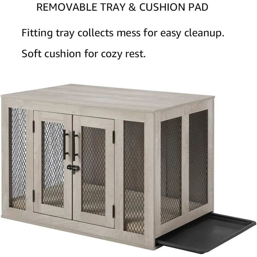 Furniture Style Double Door Dog Crate With Cushion And Tray