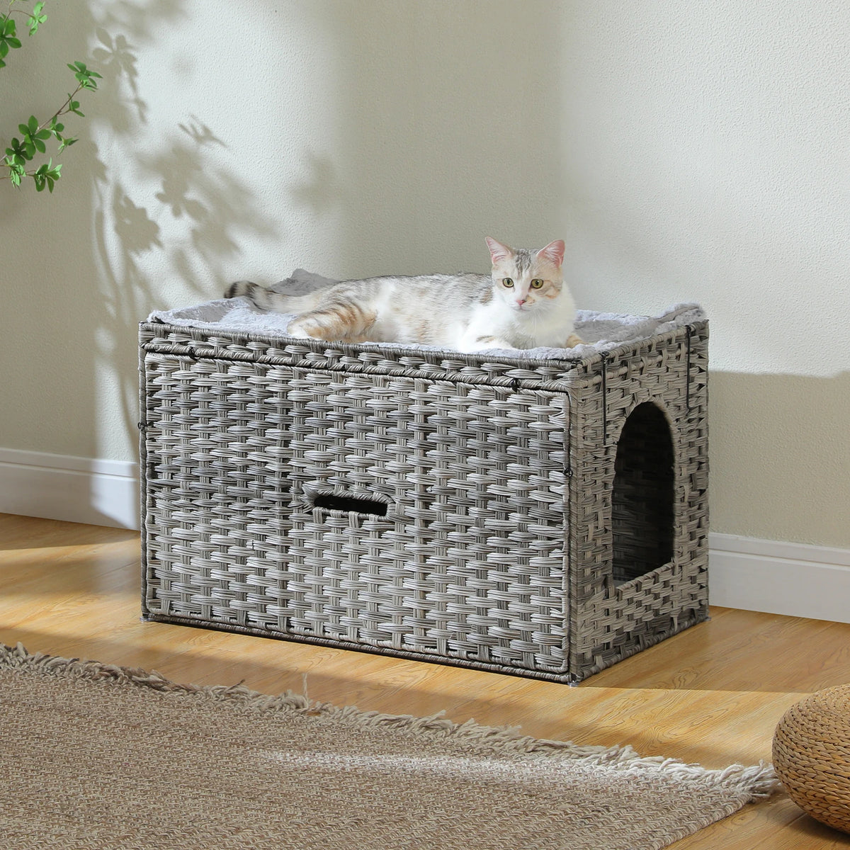Pequlti Rattan Cat Litter Box Enclosure With Flip Up Cover