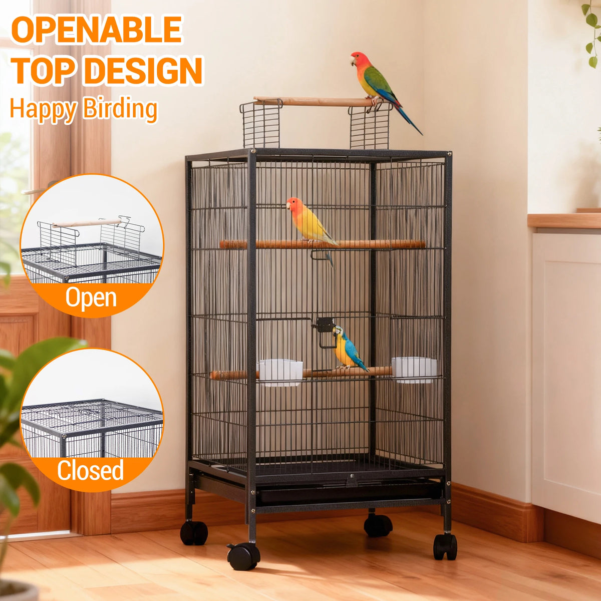 HiMISS Open Top Metal Bird Cage With Perches And Tray