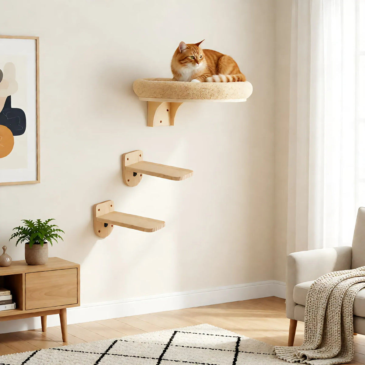 CWV Wall Mounted Wooden Cat Climbing Ladder With Hammock Perch