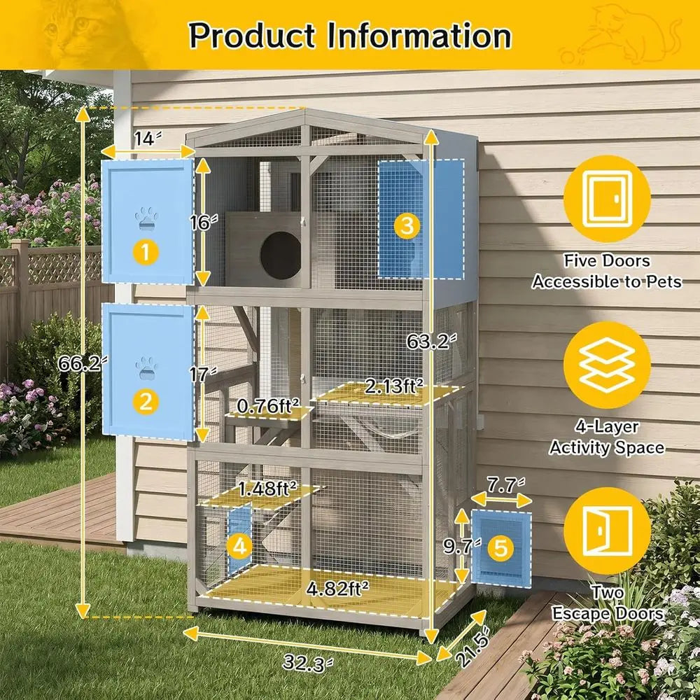 Weatherproof Five Tier Catio With Acrylic Windows And Rolling Casters
