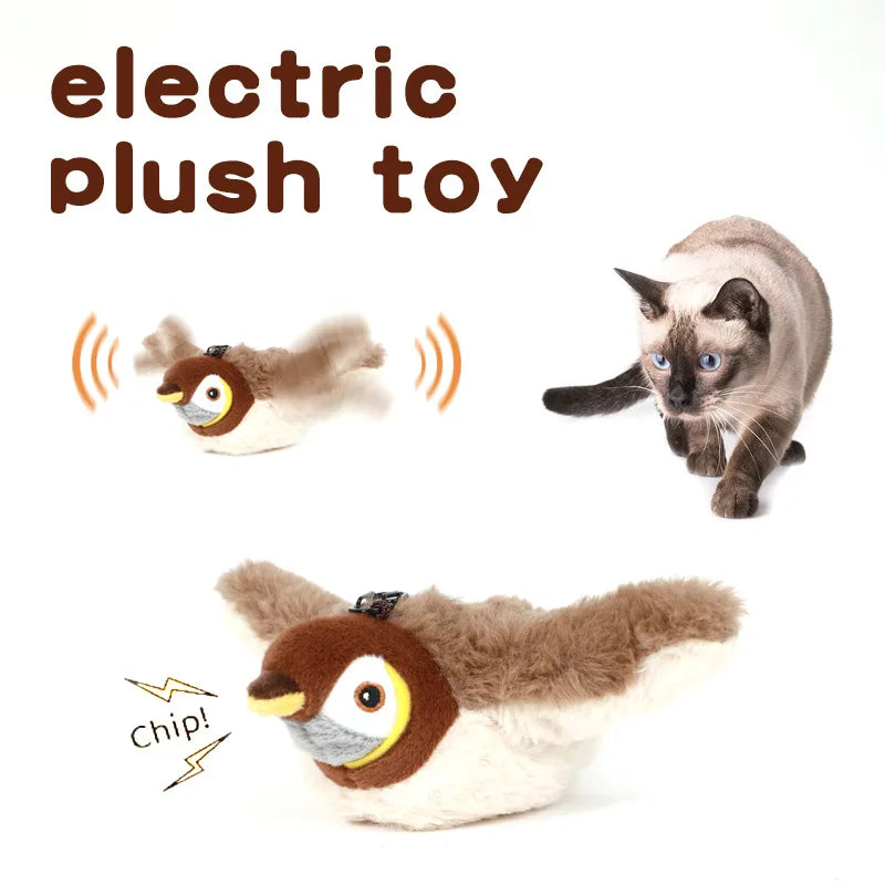 Rechargeable Simulated Bird Cat Toy Interactive Chirping Flapping Plush Pet