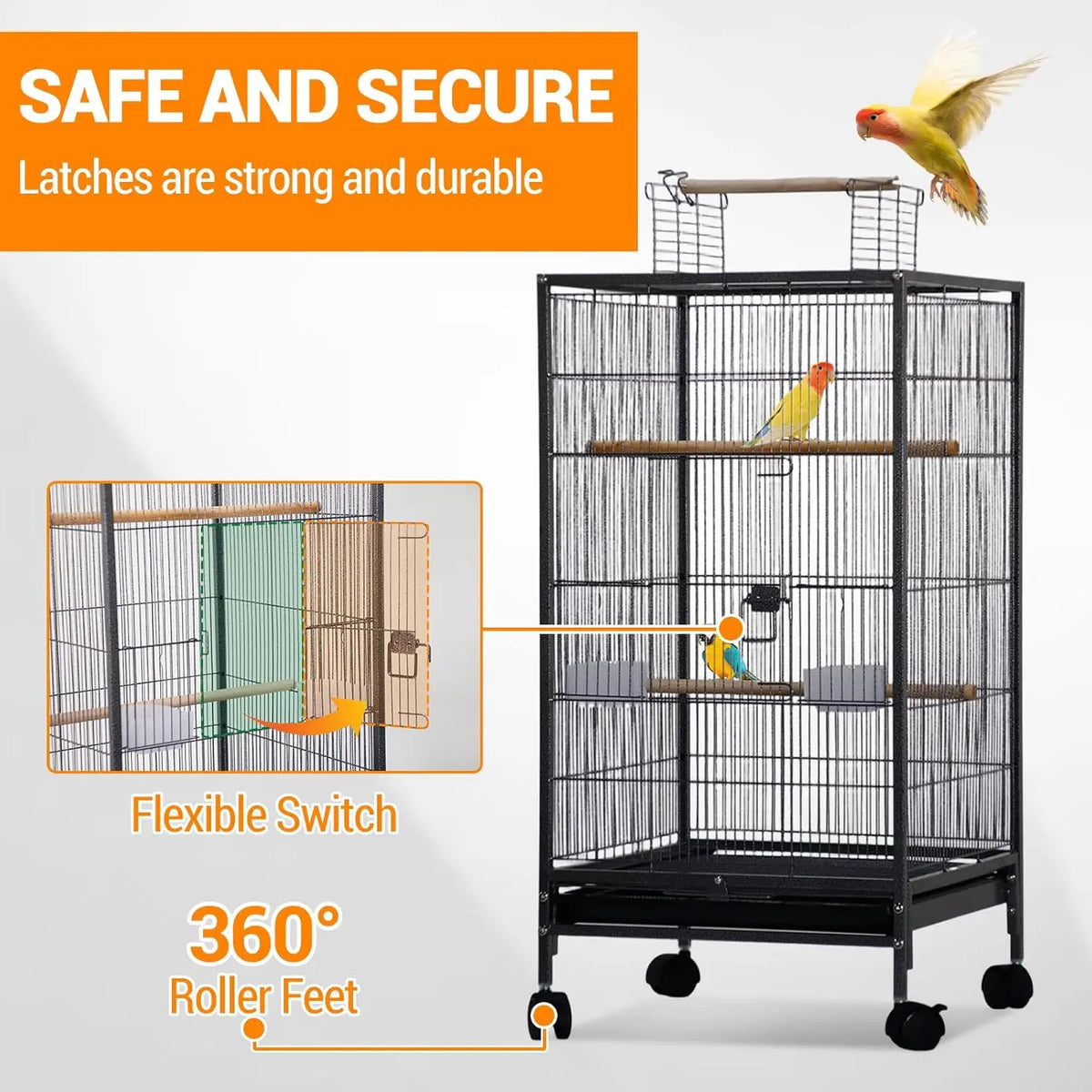 HiMiss Open Top Bird Cage With Rolling Stand Base Tray