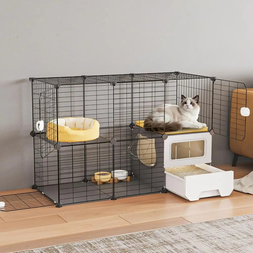 Detachable Two Tier Cat Playpen With Metal Wire Kennel Crate
