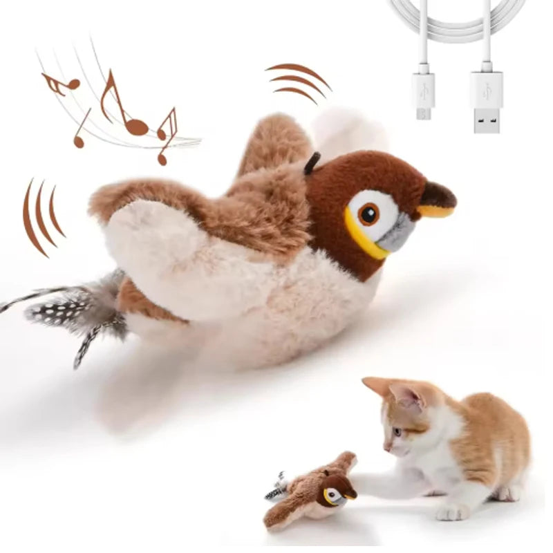Rechargeable Simulated Bird Cat Toy Interactive Chirping Flapping Plush Pet
