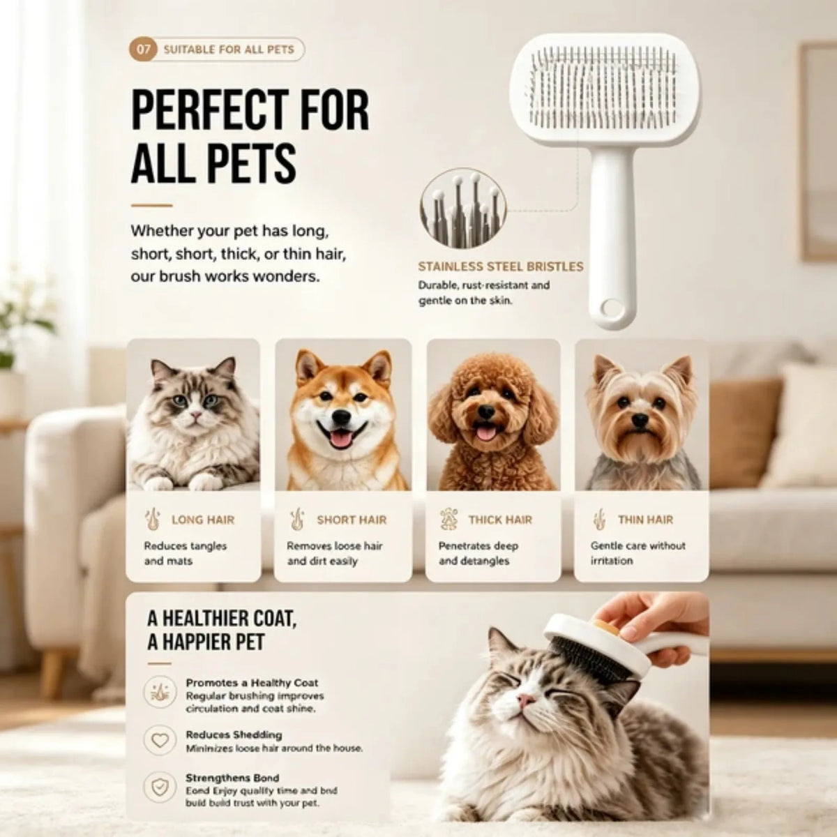 Self-Cleaning Slicker Brush for Dogs and Cats, Gentle Deshedding Tool