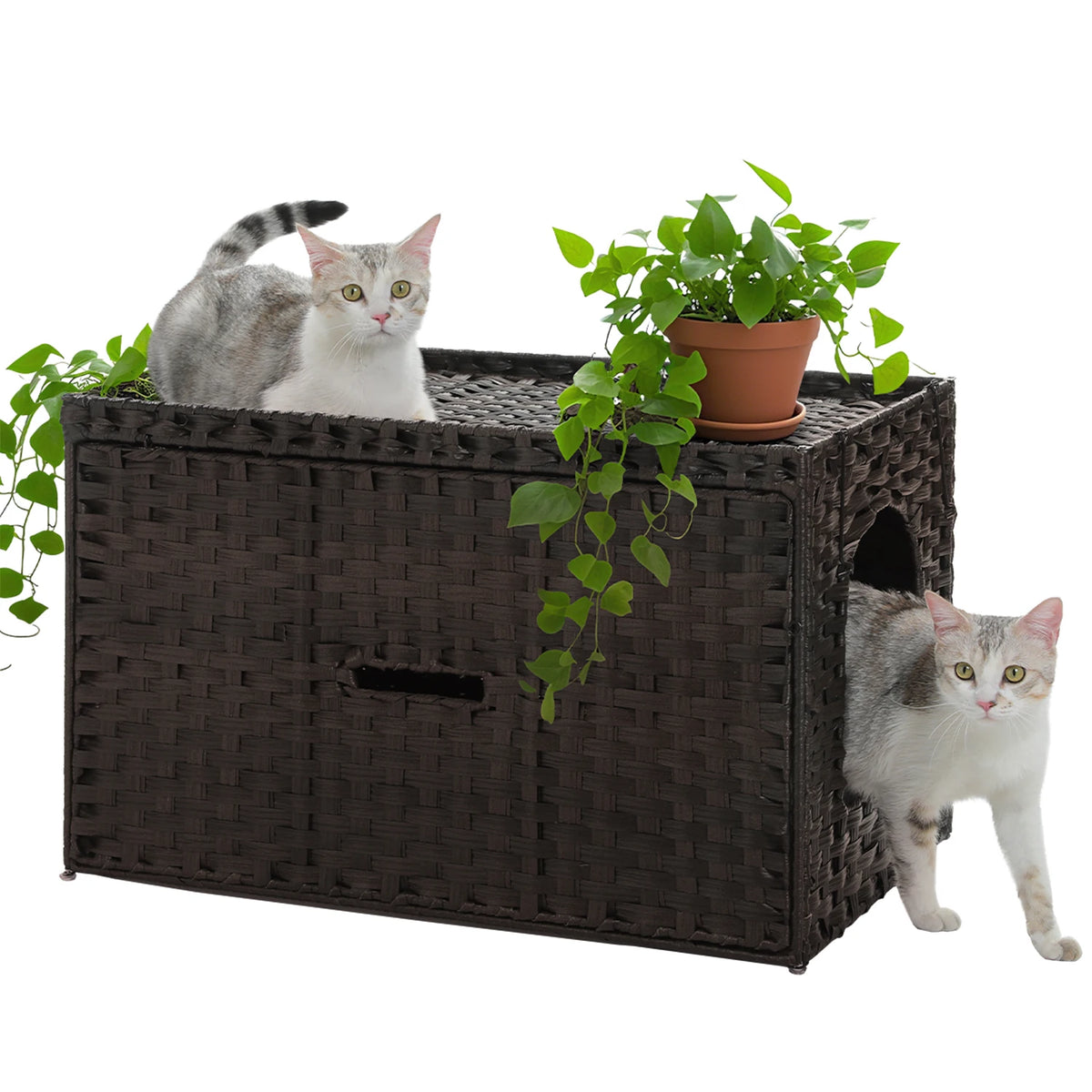 Pequlti Rattan Cat Litter Box Enclosure With Flip Up Cover