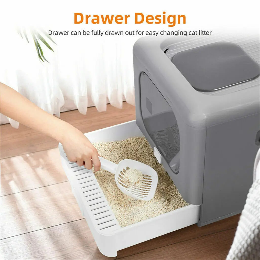 Foldable Enclosed Cat Litter Box With Scoop And Tray