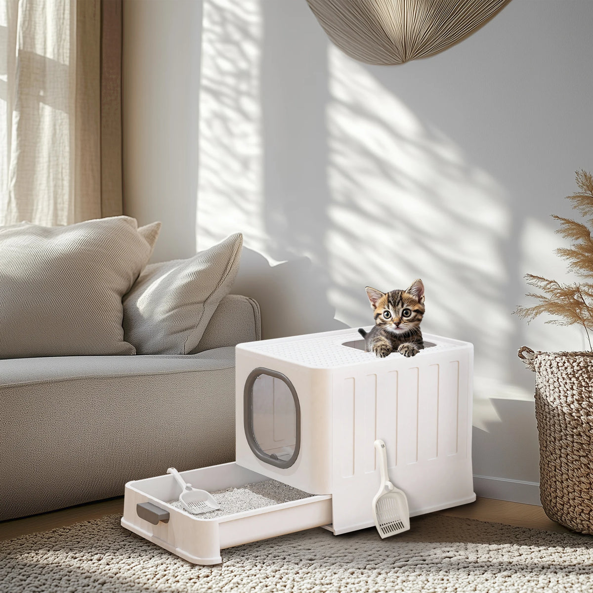 Bingopaw Enclosed Top Entry Cat Litter Box With Included Scoop