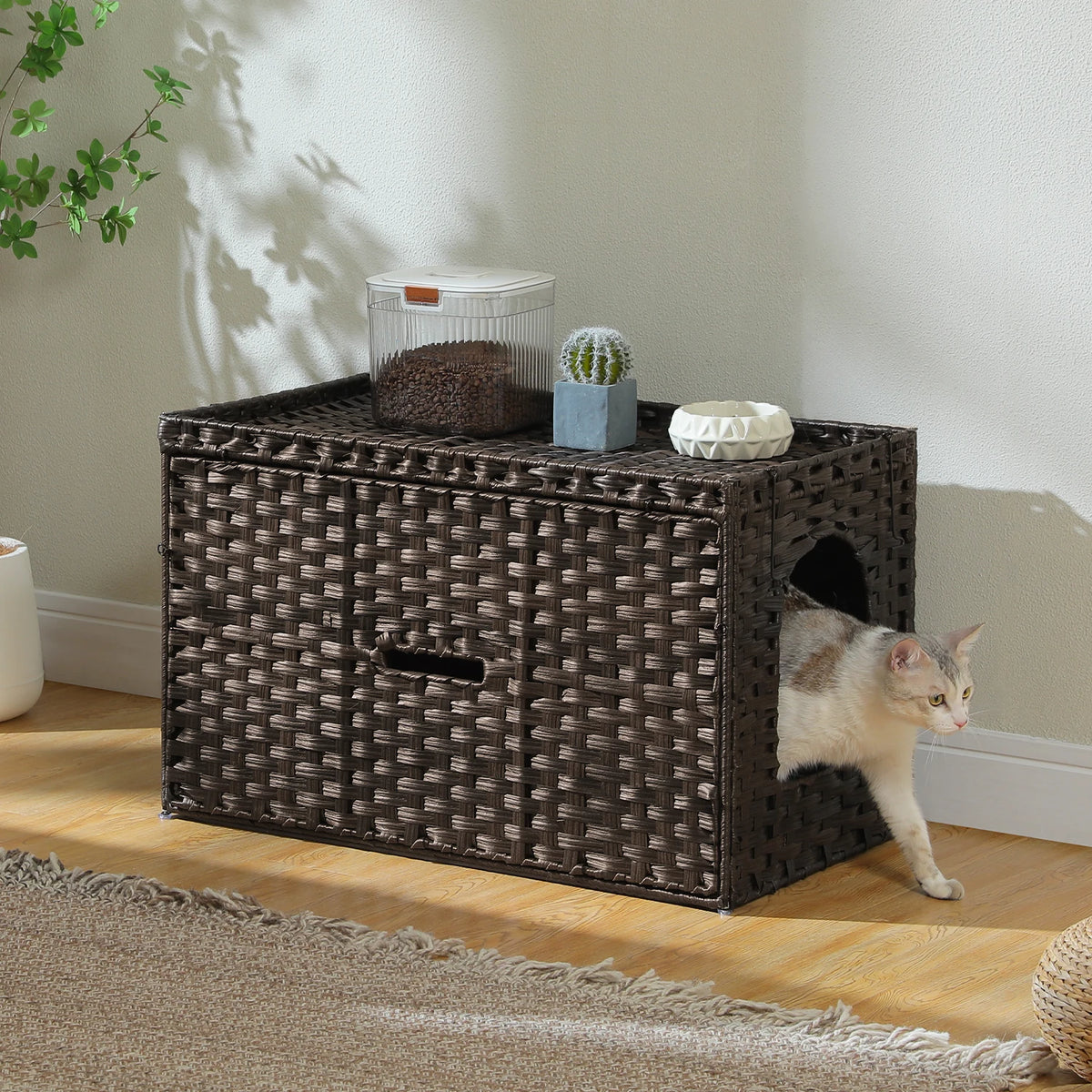 Pequlti Rattan Cat Litter Box Enclosure With Flip Up Cover