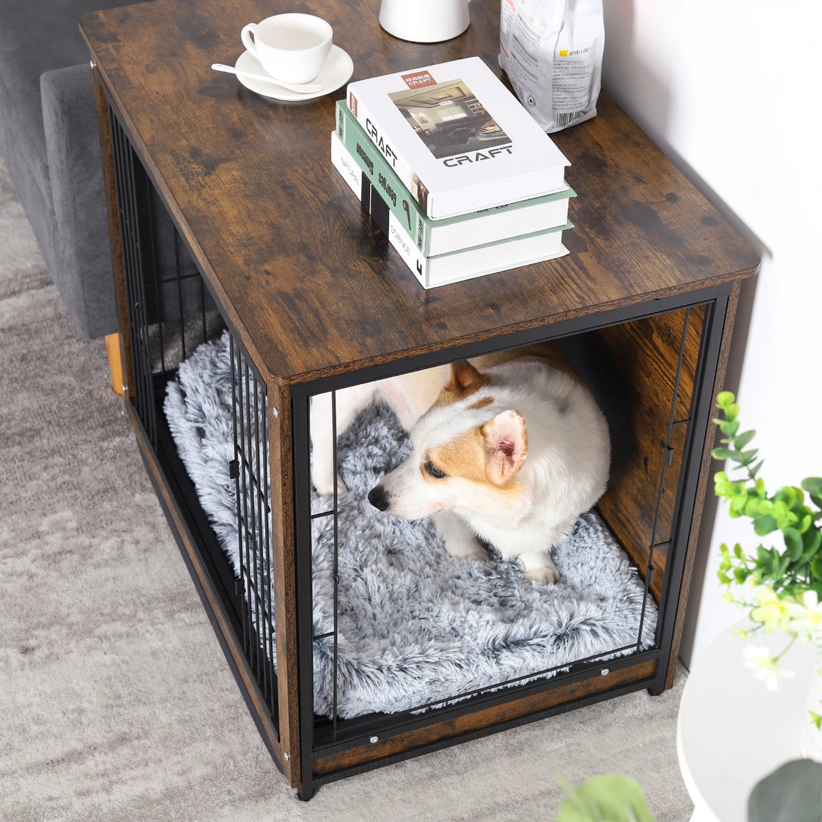 Functional Indoor Wooden Dog Kennel With Integrated Side Table