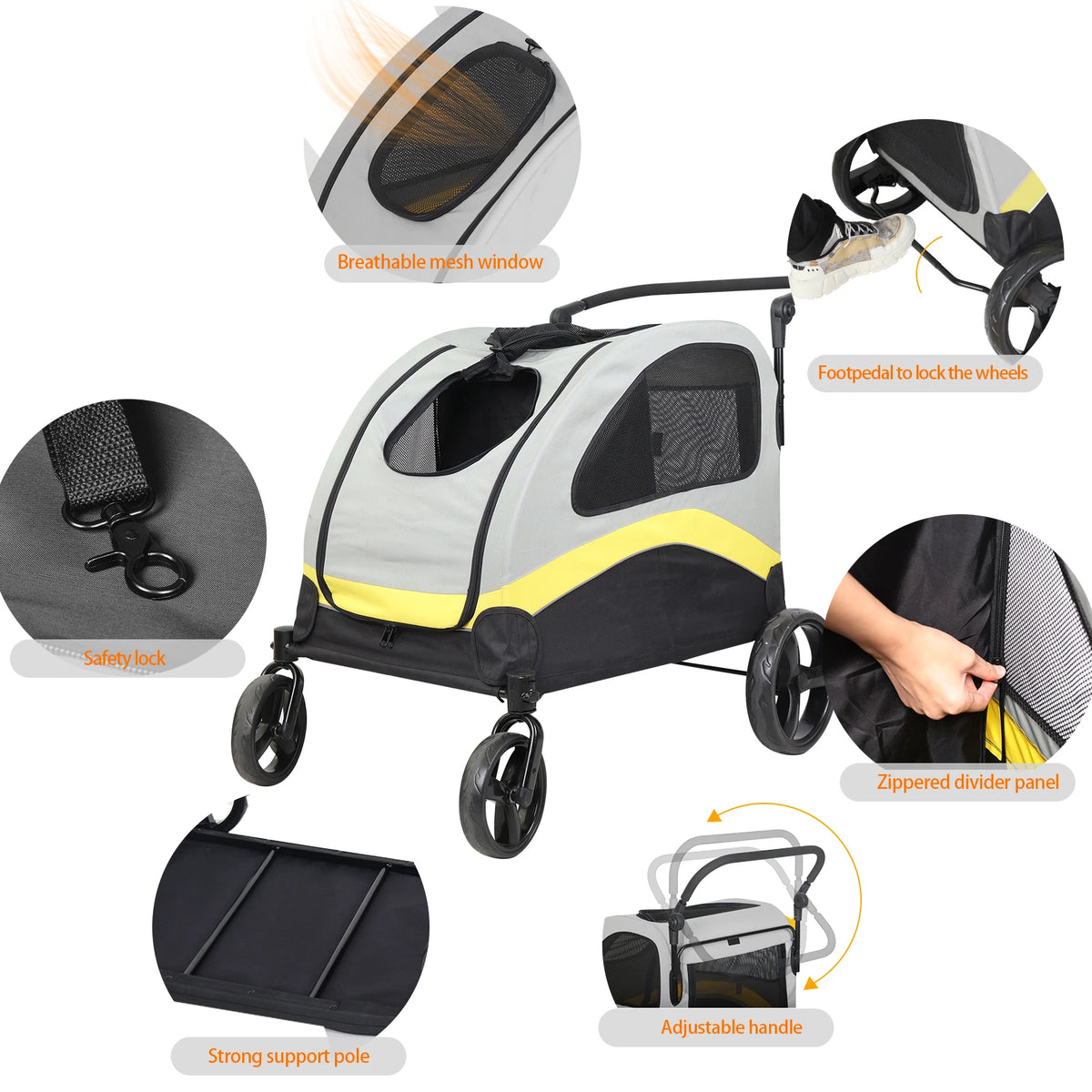Foldable Double Dog Stroller With Zipper Divider And Wheels