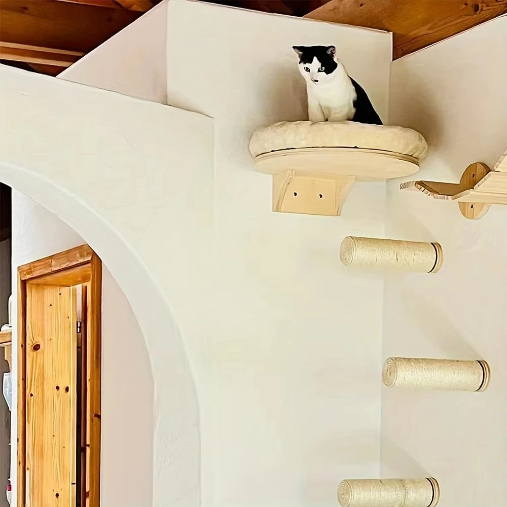 CWV Wall Mounted Wooden Cat Climbing Ladder With Hammock Perch