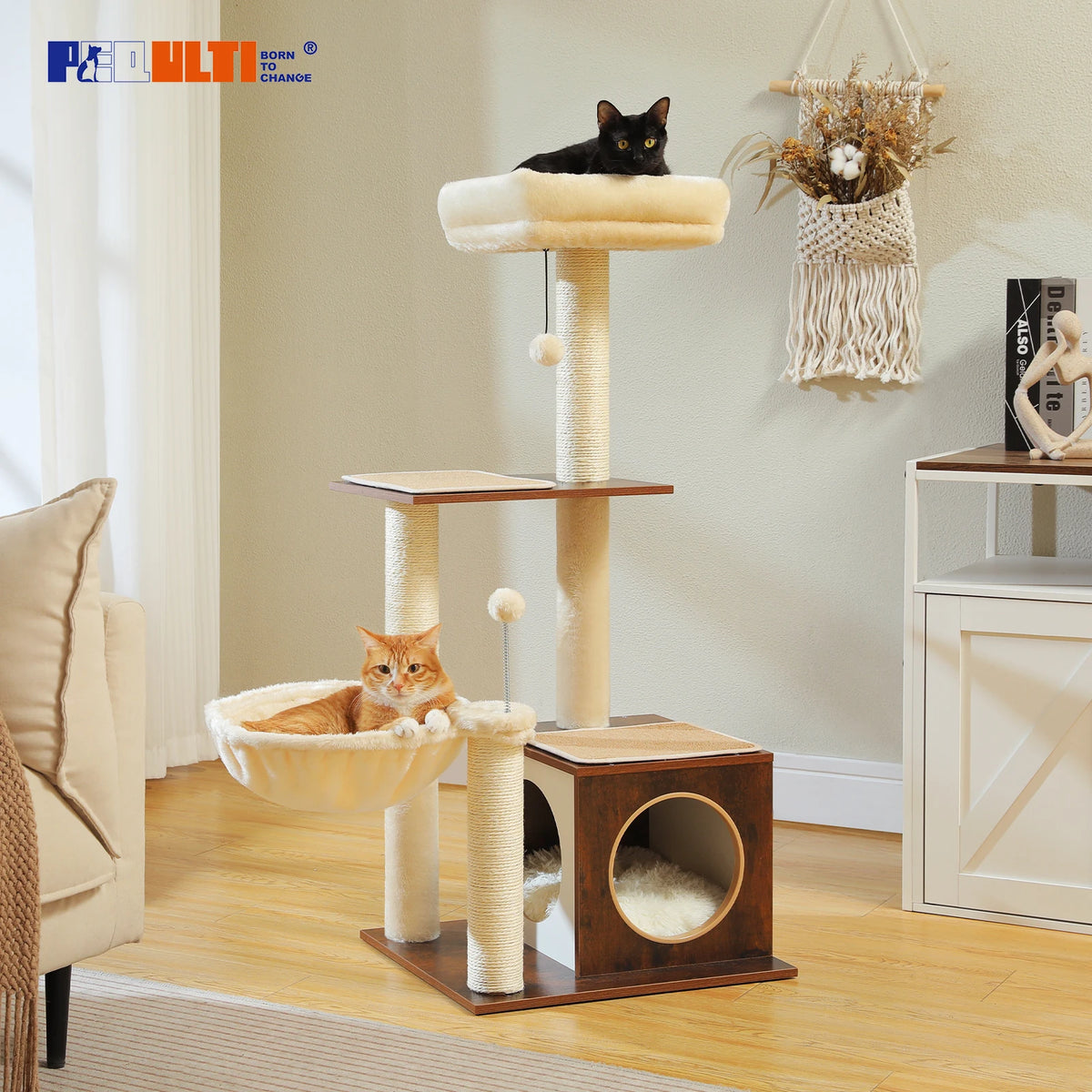 PAWZ Road Multi Level Wooden Cat Tree With Cozy Hammock