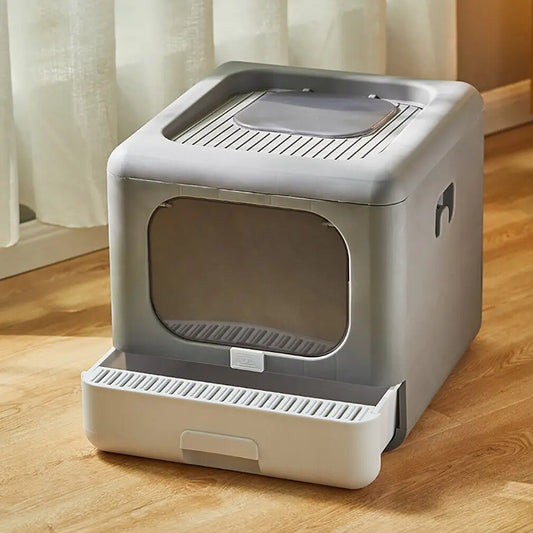 Foldable Enclosed Cat Litter Box With Scoop And Tray