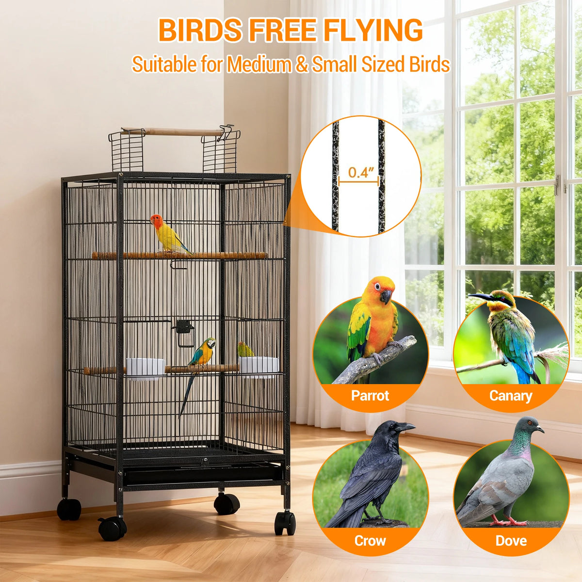 HiMISS Open Top Metal Bird Cage With Perches And Tray
