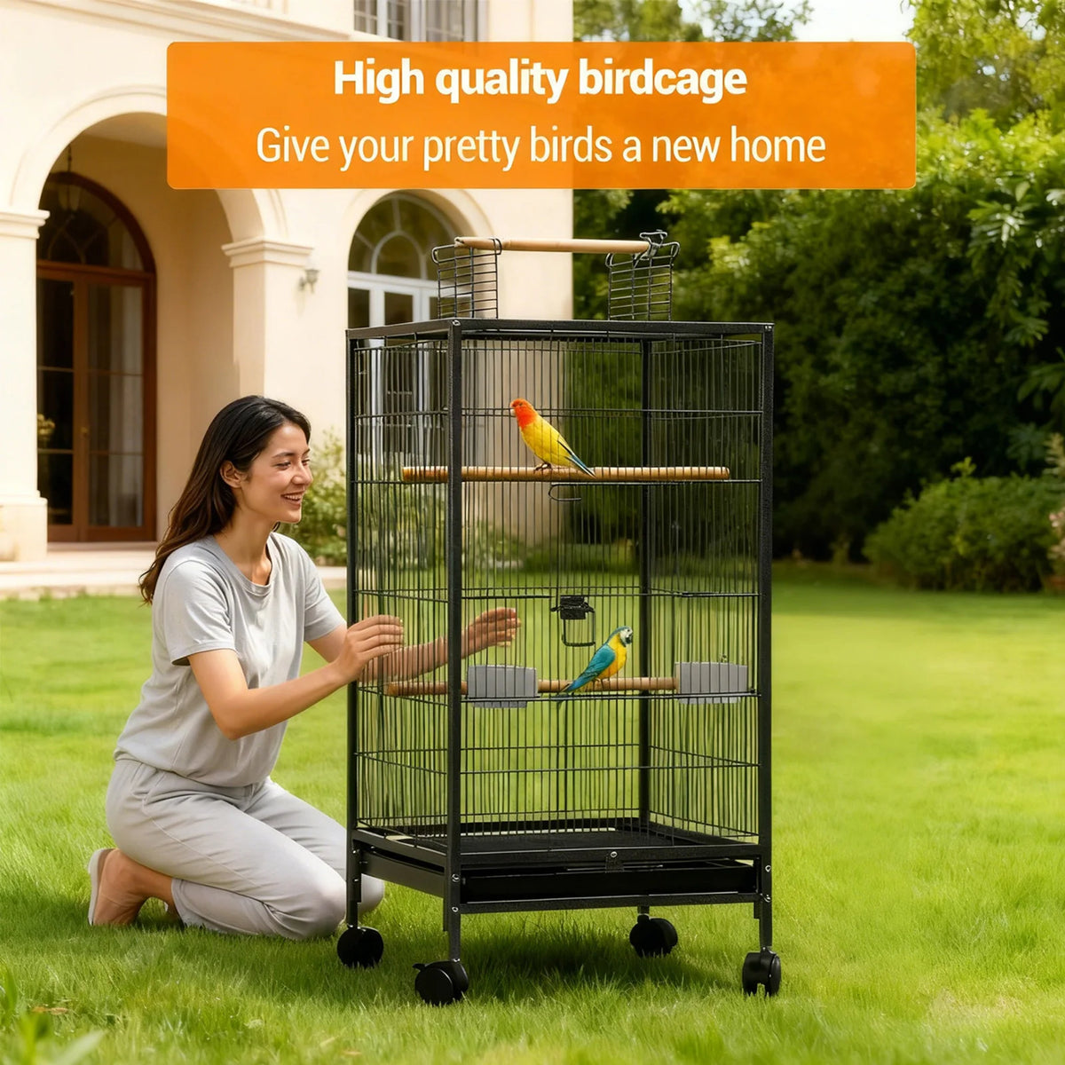 HiMISS Open Top Metal Bird Cage With Perches And Tray