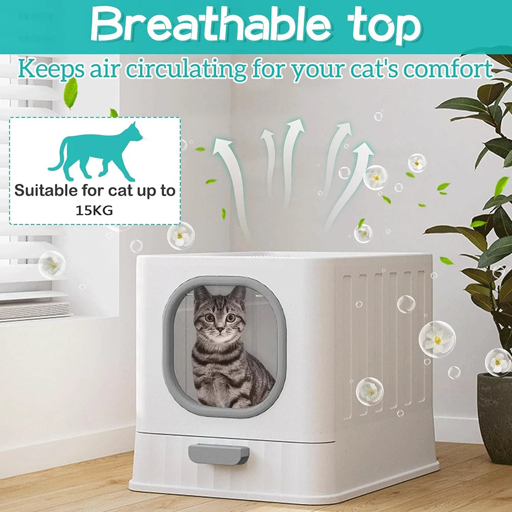 Enclosed Leak Proof Cat Litter Box With Pull Drawer And Scoop