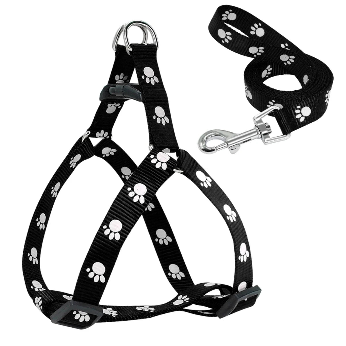 Adjustable Nylon Dog Harness And Leash Set With Paw Prints