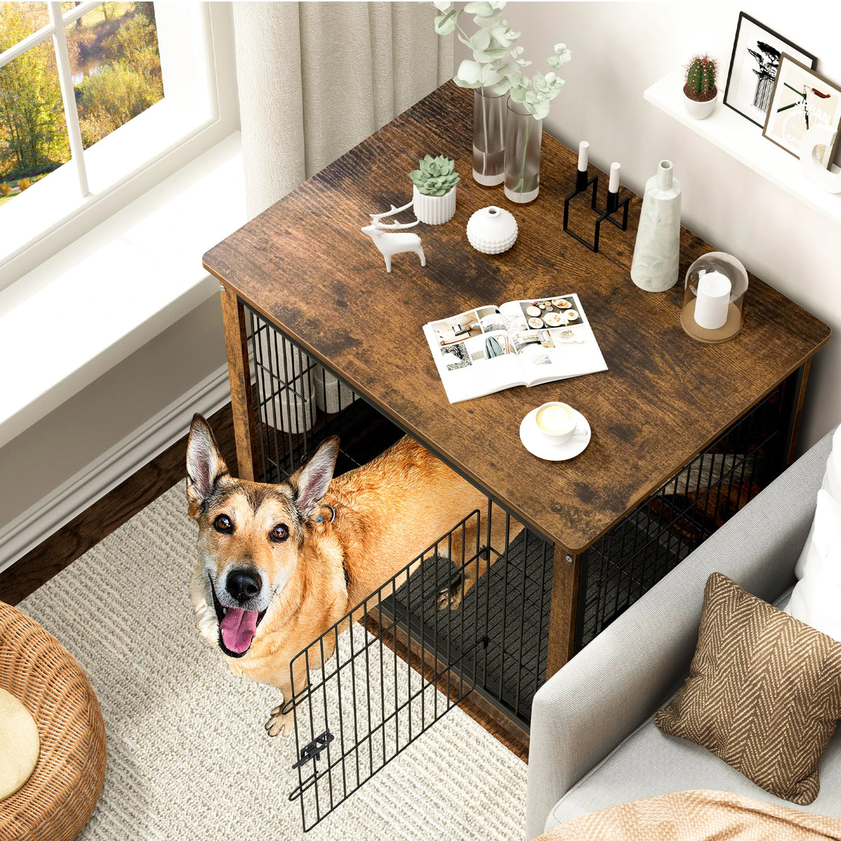 Functional Indoor Wooden Dog Kennel With Integrated Side Table