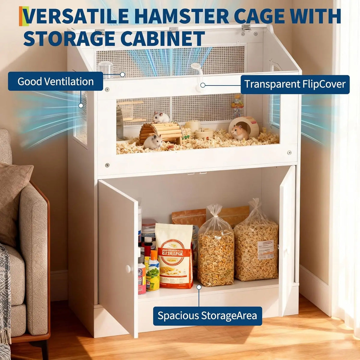 HiMiss Acrylic Small Animal Cage With Wooden Storage Cabinet
