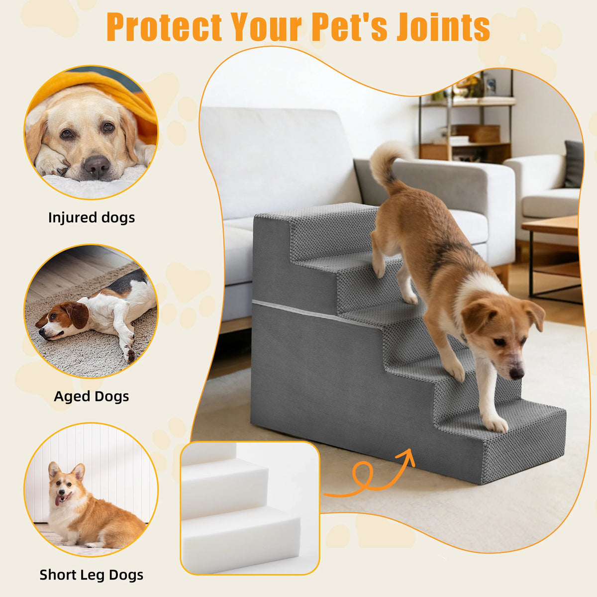 Foam Dog Stair Ramp Featuring Curved Non Slip Pet Steps