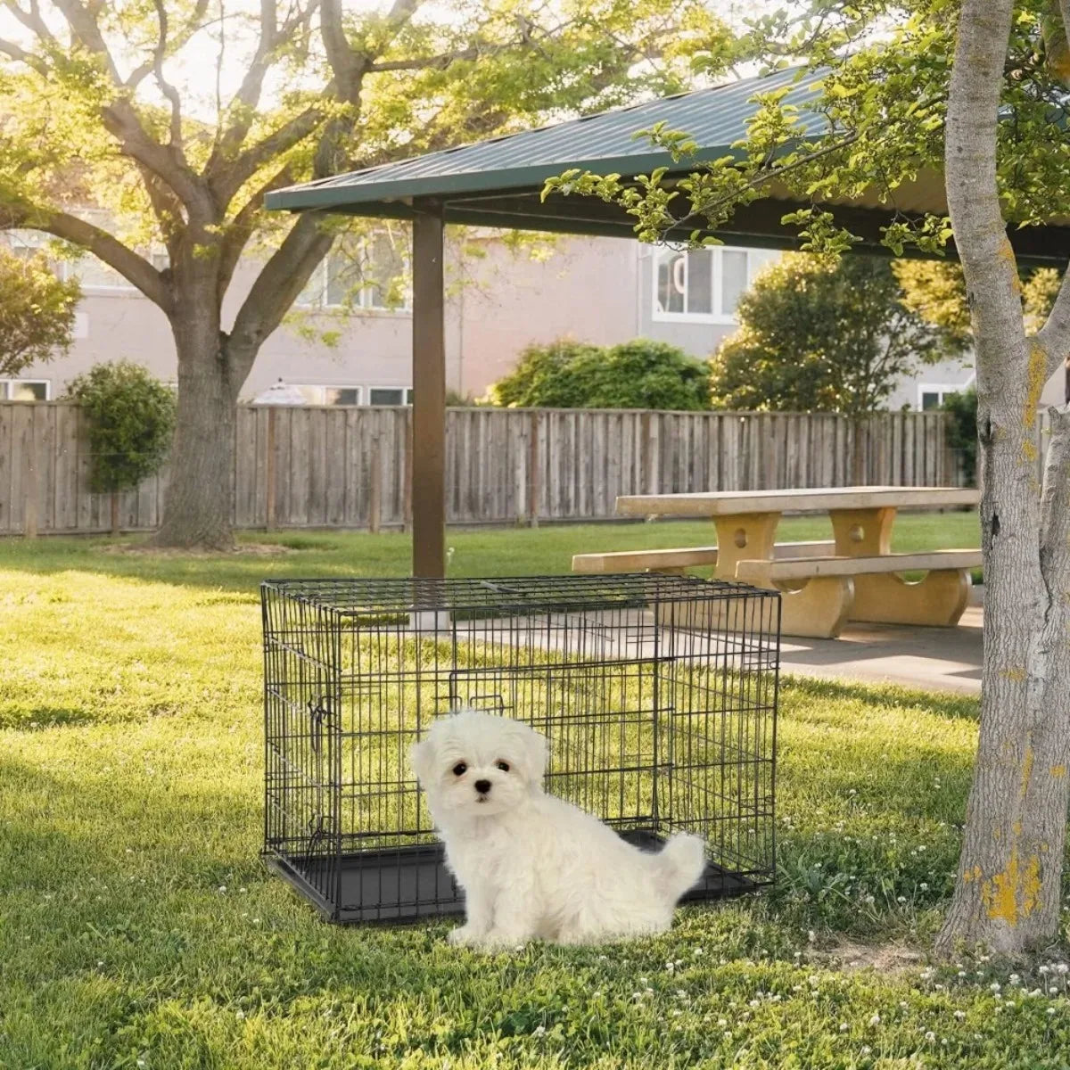 XIUWO Foldable Metal Dog Crate With Double Doors And Divider Tray