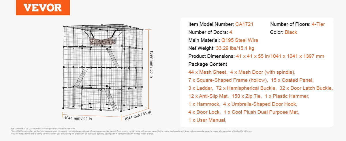 SucceBuy Stainless Steel Multi Tier Cat Cage With Hammock Ladder