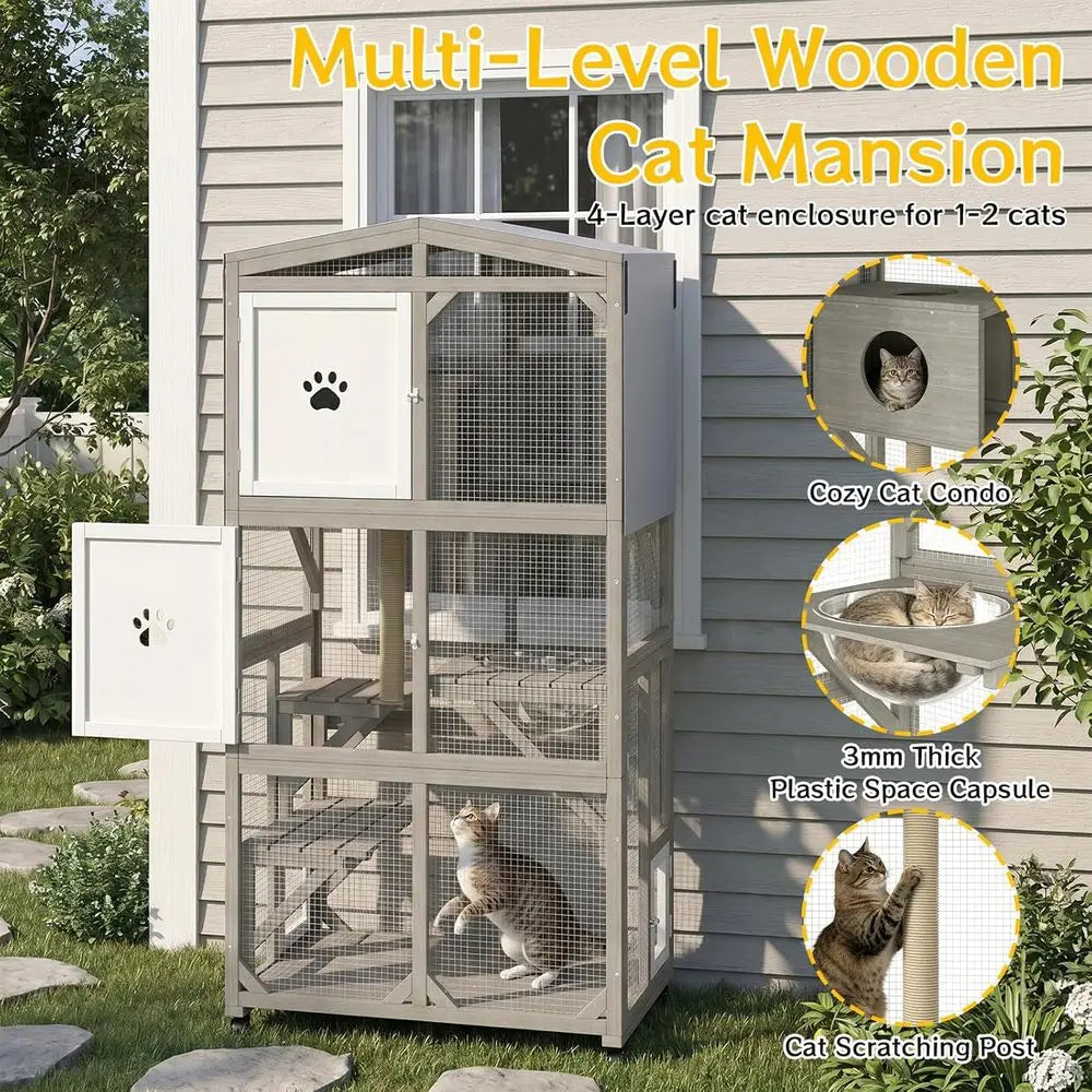 Weatherproof Five Tier Catio With Acrylic Windows And Rolling Casters